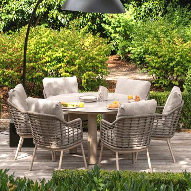 【2月下旬お届け予定】 プーリア セラミック天板テーブルとデザインロープチェアーのダイニングセット  （STK-PGL-ST2）（海外在庫）