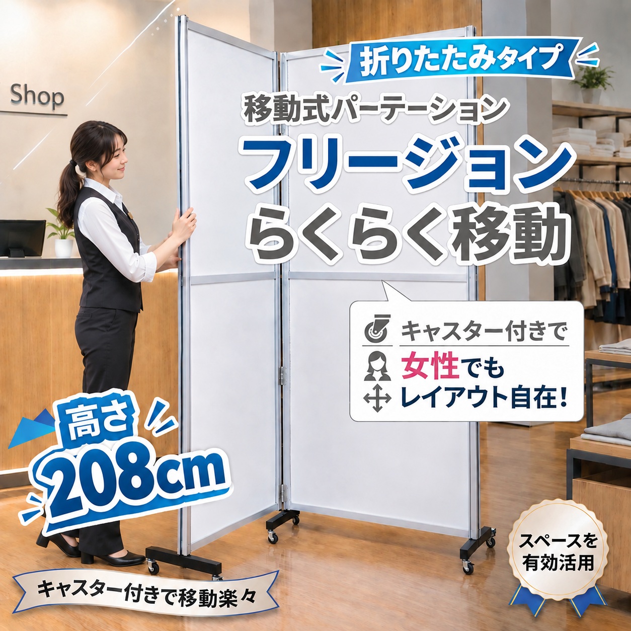 つなげて、曲げて、自由自在！ 折りたたみタイプ かんたん取付！ 大型サイズ 移動式パーテーション フリージョン 選べるパネル らくらくキャスター移動 H2080W1055-2D
