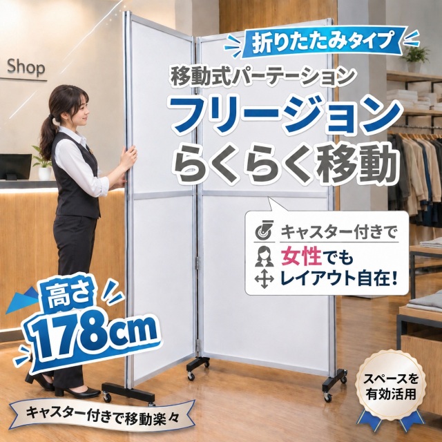 つなげて、曲げて、自由自在！ 折りたたみタイプ かんたん取付！ 標準サイズ 移動式パーテーション フリージョン 選べるパネル らくらくキャスター移動 H1780W1055-2D