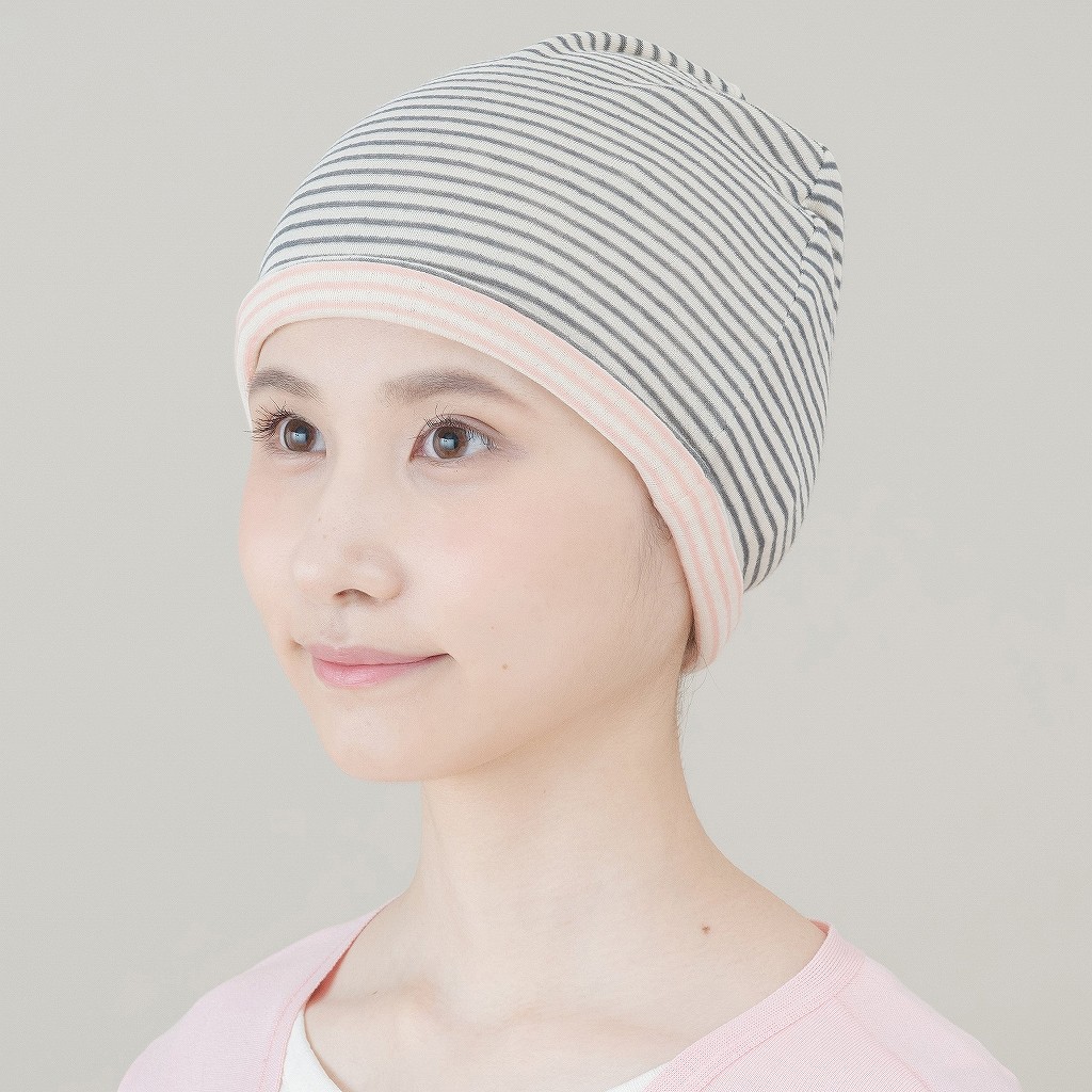 医療用帽子　リバーシブルボーダー　黒・ピンク　イメージ写真　1017　tendre　オーガニックコットン