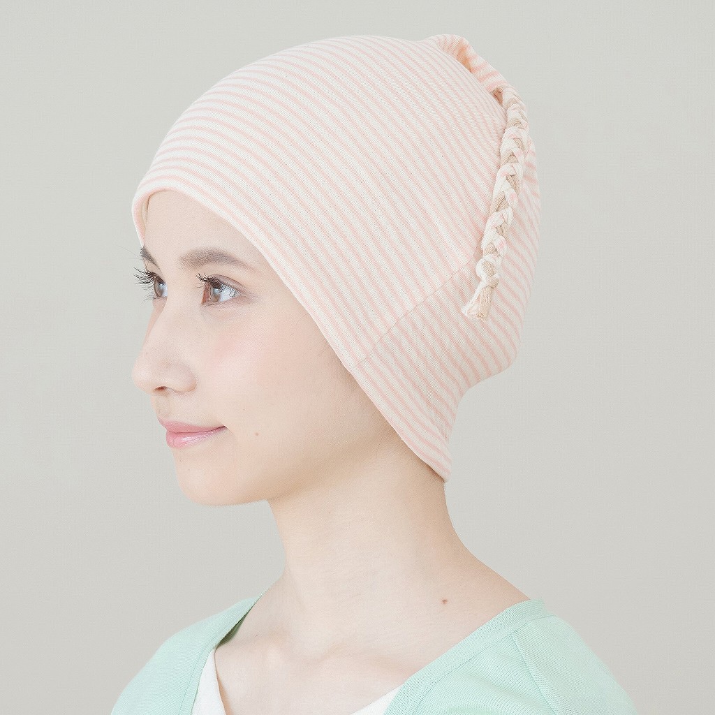 医療用帽子　ポニーボーダー　ピンク　イメージ写真　1246　tendre　オーガニックコットン