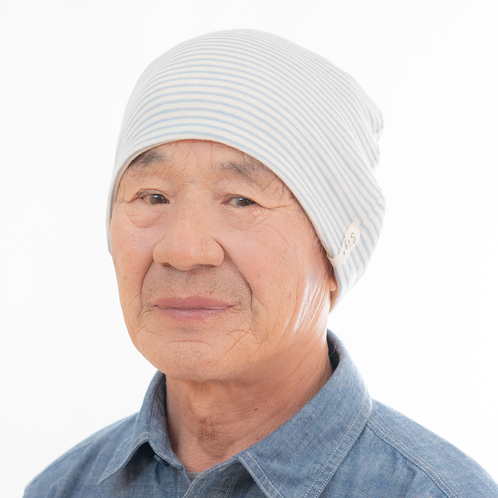 医療用帽子　水色ボーダー帽子　男性におすすめ　ＮＯＣ認定　オーガニックコットン 2015m