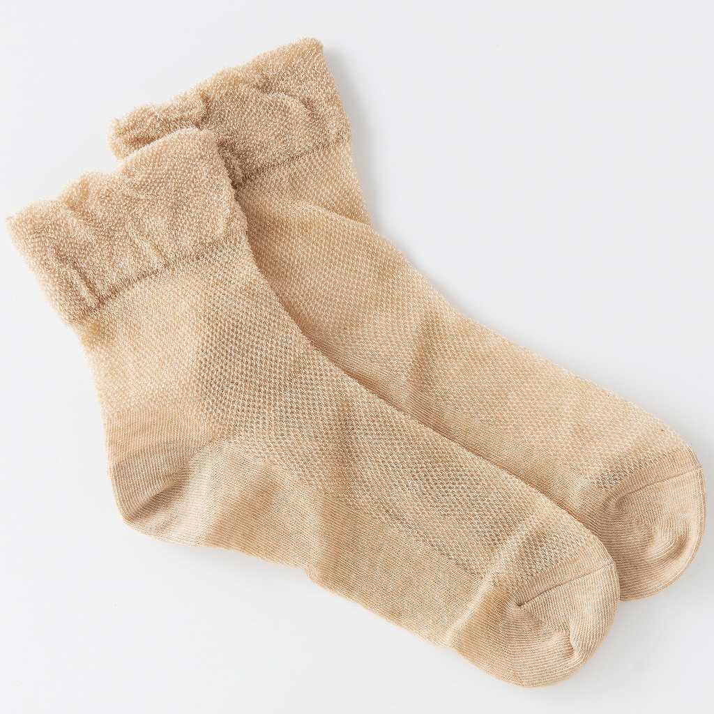 医療用帽子　メッシュソックス　茶綿　置き撮り写真　5073　オーガニックコットン　靴下
