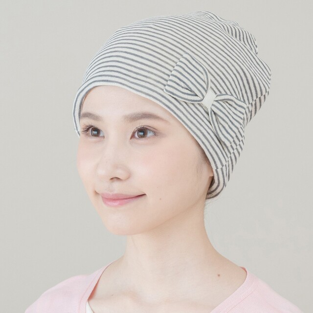 医療用帽子 黒ボーダーリボン帽子 大 1211