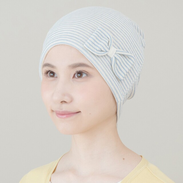 医療用帽子　水色リボンボーダー帽子　大　イメージ写真　1125　tendre　オーガニックコットン