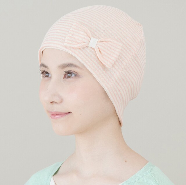 医療用帽子　ピンクリボンボーダー帽子　大　イメージ写真　1125　tendre　オーガニックコットン