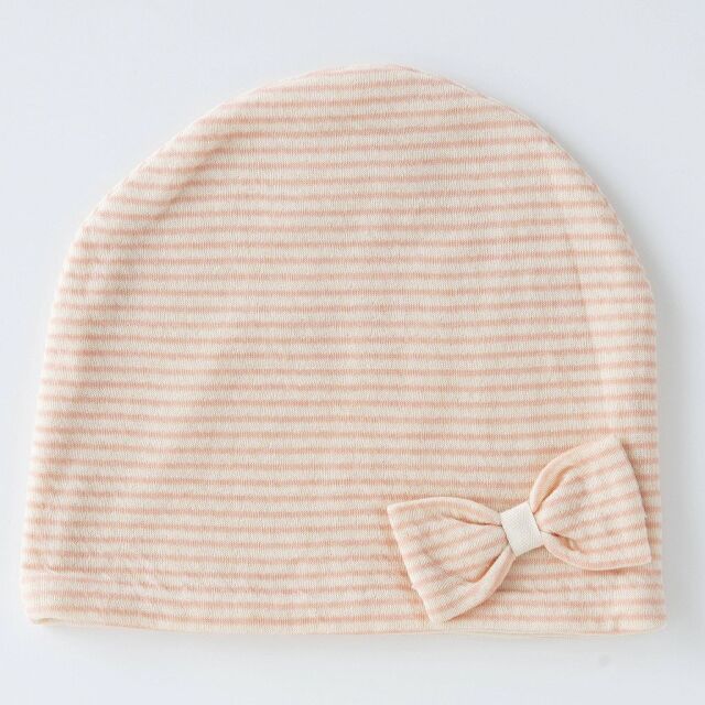 医療用帽子　ピンクリボンボーダー帽子　大　置き撮り真　1125　tendre　オーガニックコットン