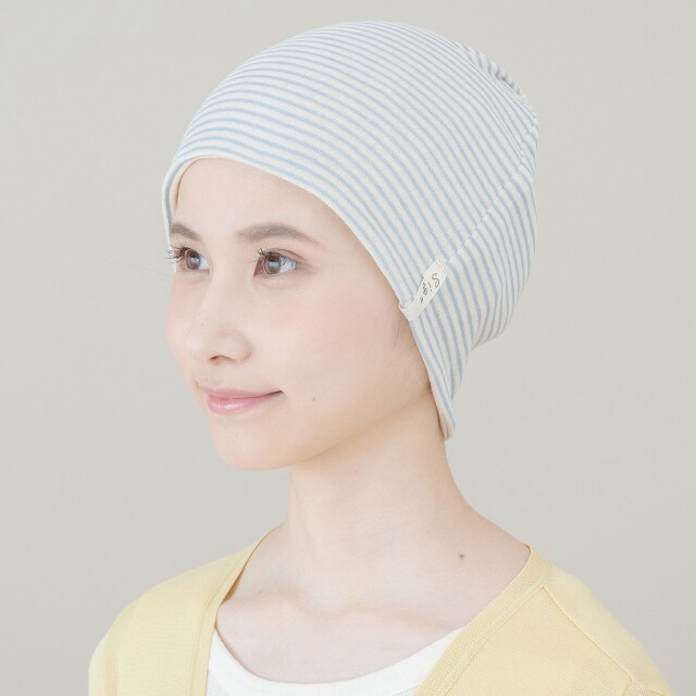 医療用帽子　水色ボーダー帽子　イメージ写真　2015　tendre　オーガニックコットン