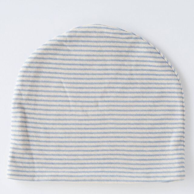 医療用帽子　水色ボーダー帽子　置き撮り写真　2015　tendre　オーガニックコットン
