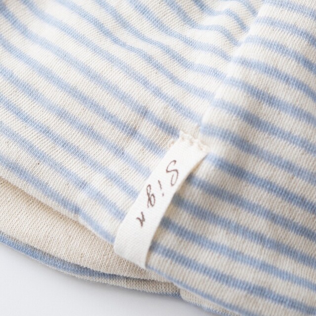 医療用帽子　水色ボーダー帽子　細部アップ写真　2015　tendre　オーガニックコットン