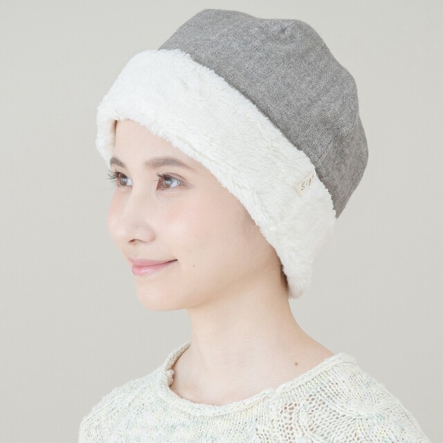 医療用帽子　ヘリンボーンボア帽子　グレー　イメージ写真　2810　tendre　オーガニックコットン　冬用