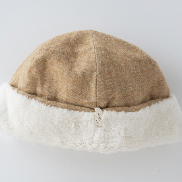 医療用帽子　ヘリンボーンボア帽子　モカ　置き撮り写真　2813　tendre　オーガニックコットン　冬用