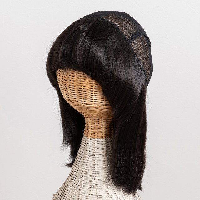 医療用帽子　ウィッグ　帽子ウィッグ　前髪有り　置き撮り写真　ミディアムヘア　ｗ01　ダークブラウン