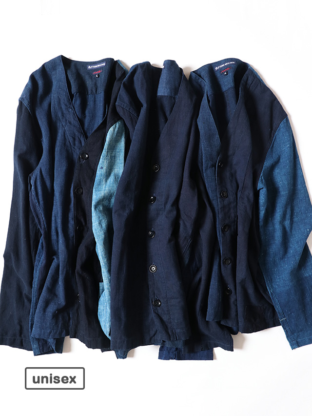 藍の古布 Vネック長袖シャツ