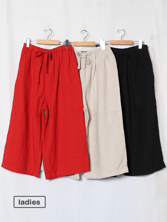 コットンリネンツイルギャザーワイドパンツ