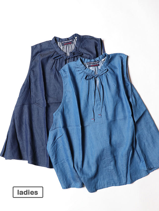 C/Tデニムギャザーtieノースリーブチュニック