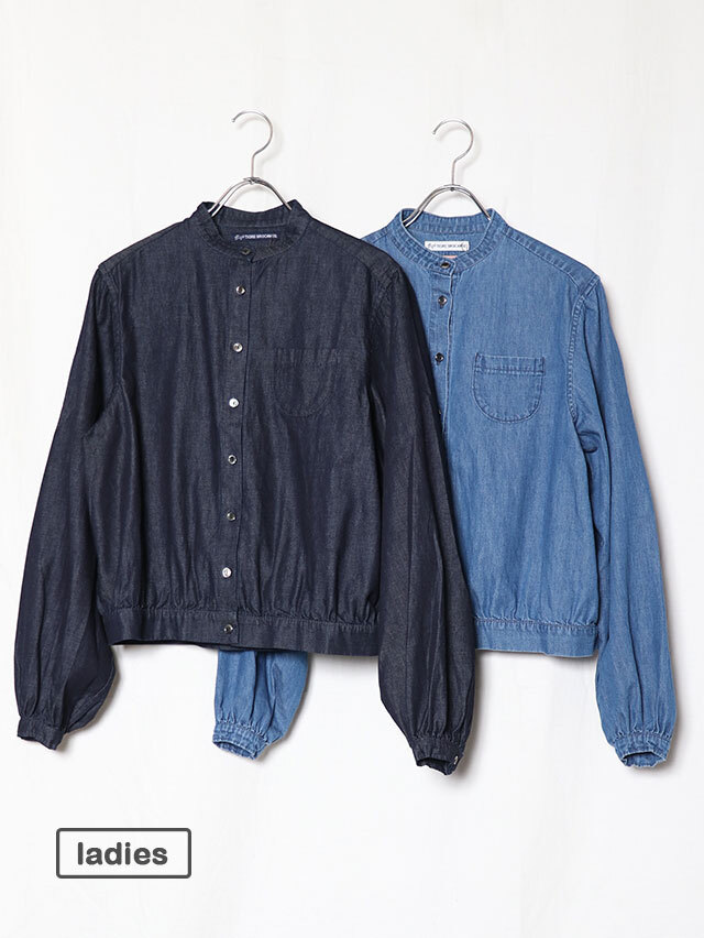 6オンスデニムスタンドギャザーブラウス