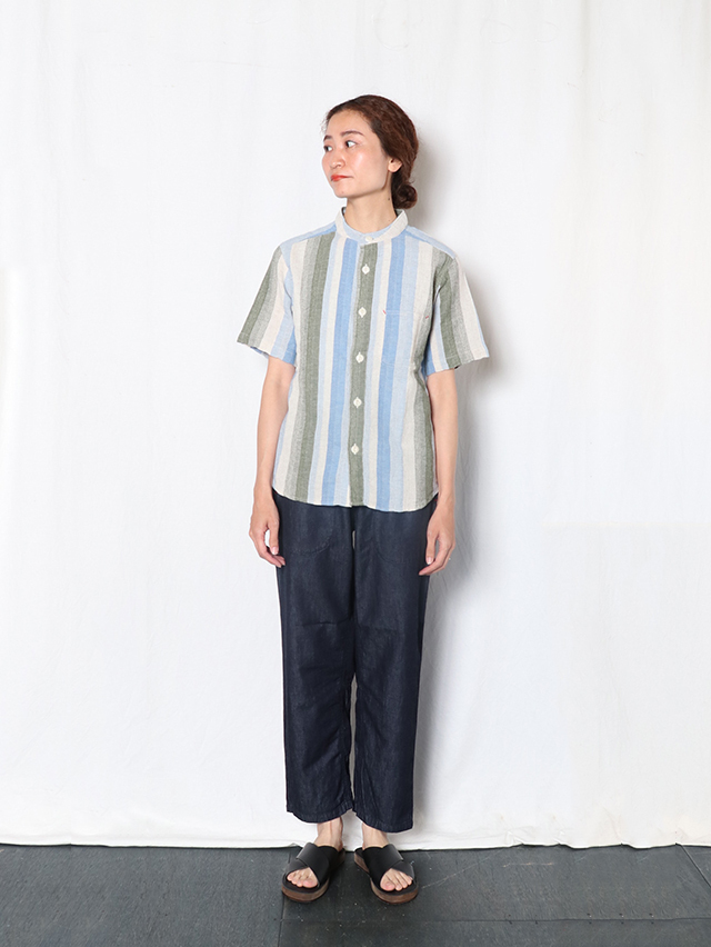 【お値引】TIGRE BROCANTE ストライプシャツ（水色と青のストライプ） マルチストライプバンドカラーシャツ TIGRE BROCANTE