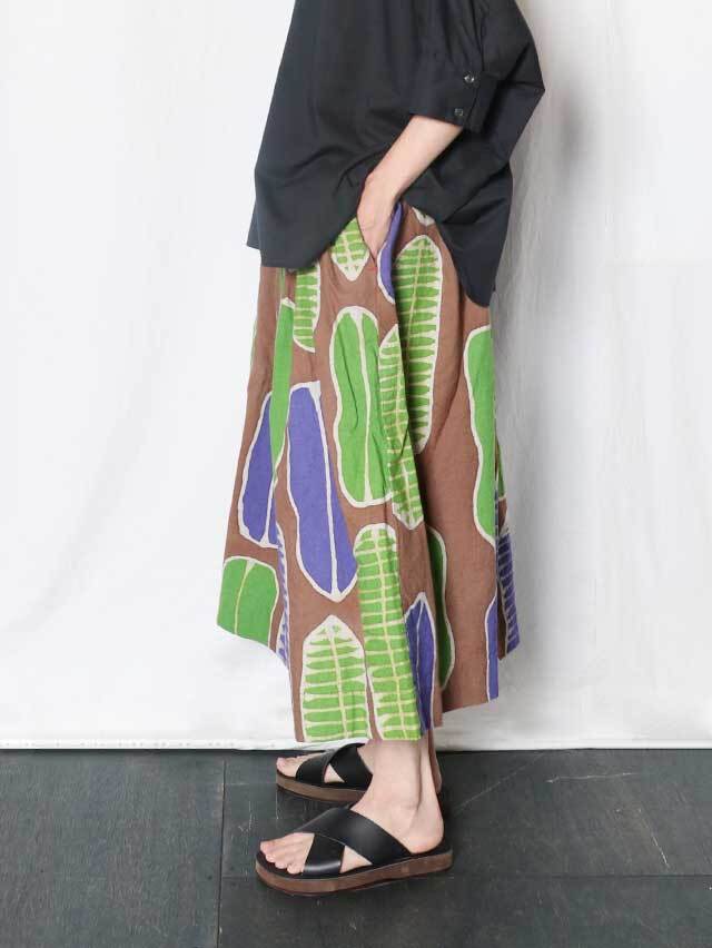 tigre brocante 新品 チェック 緑 スカート 日本製 綿100％ 南国の葉Batikポケットフィセルロングスカート TIGRE BROCANTE