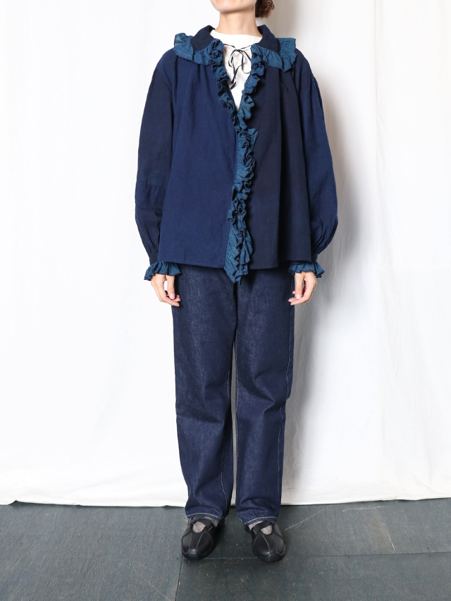 藍の古布フェザーフリルブラウス TIGRE BROCANTE