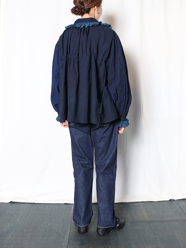 藍の古布フェザーフリルブラウス TIGRE BROCANTE