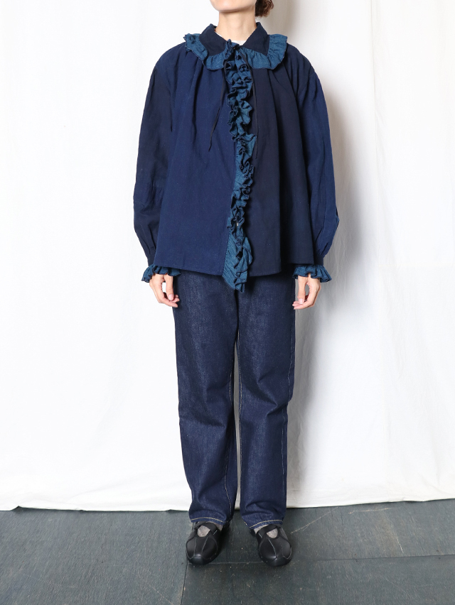 藍の古布フェザーフリルブラウス TIGRE BROCANTE