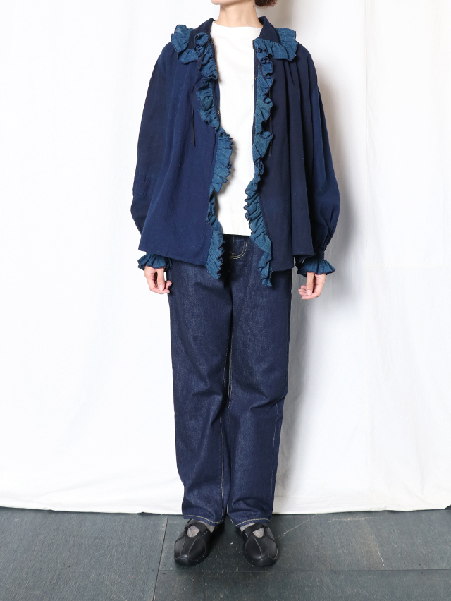 藍の古布フェザーフリルブラウス TIGRE BROCANTE