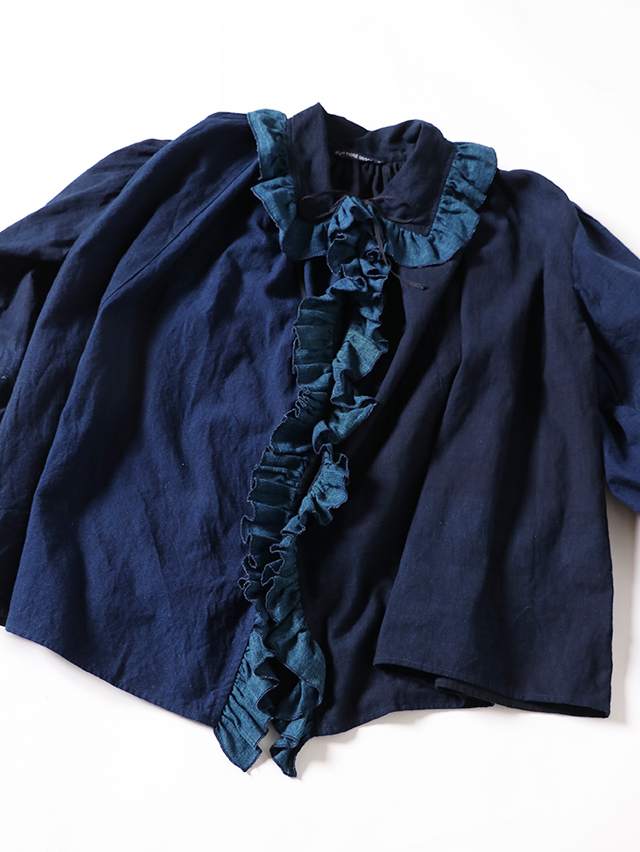藍の古布フェザーフリルブラウス TIGRE BROCANTE