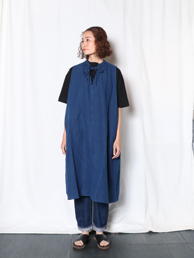 コットンリネンコードサッカー ギャザーtieノースリーブワンピース
