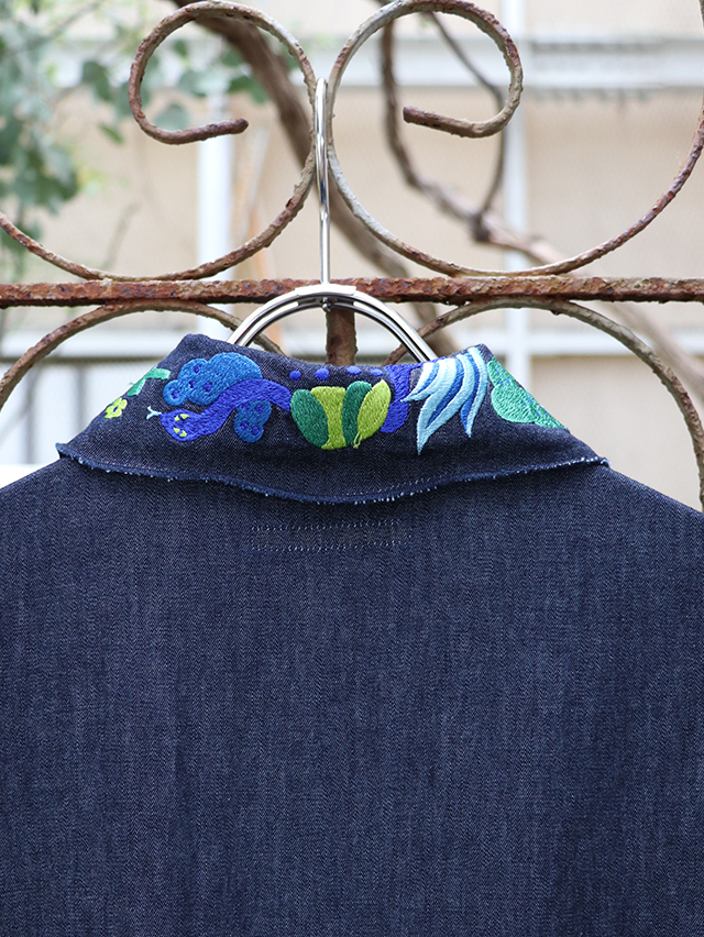 コズミックワンダー　コットン　リネン　バンドカラーシャツ　ロゴ刺繍　インディゴ COSMIC WONDER / コズミックワンダー / Beautiful silk cotton wrapped