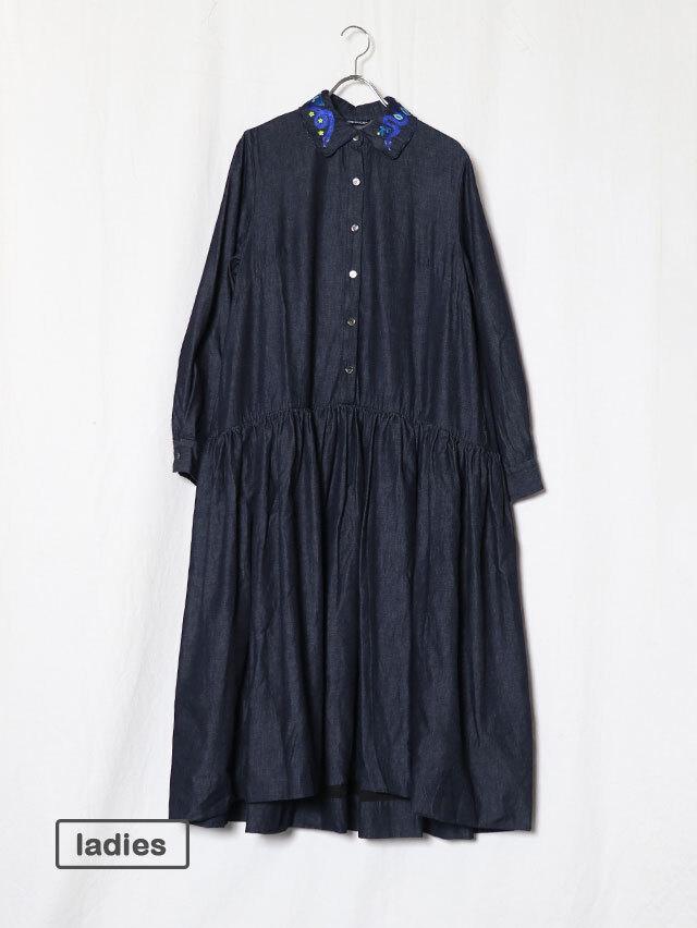 flower snake刺繍 バルーンシャツワンピース(インディゴ)