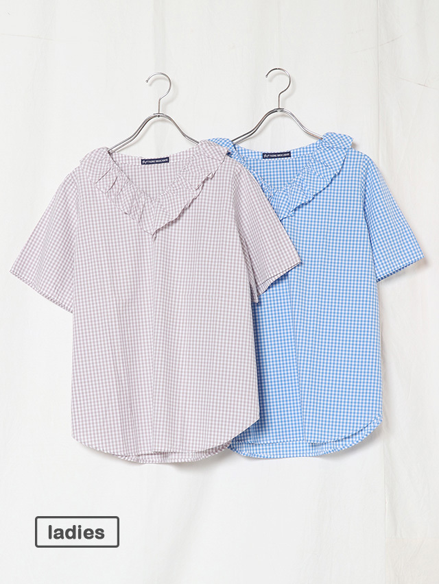 ギンガムチェックコットンプルオーバーフリルブラウス
