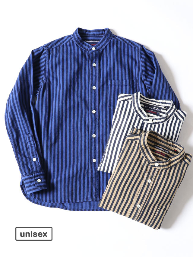 ヒッコリースタンドカラー長袖シャツ