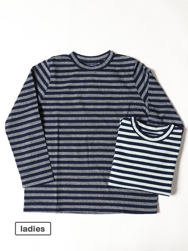 インディゴボーダー天竺レディースクルー9分袖T