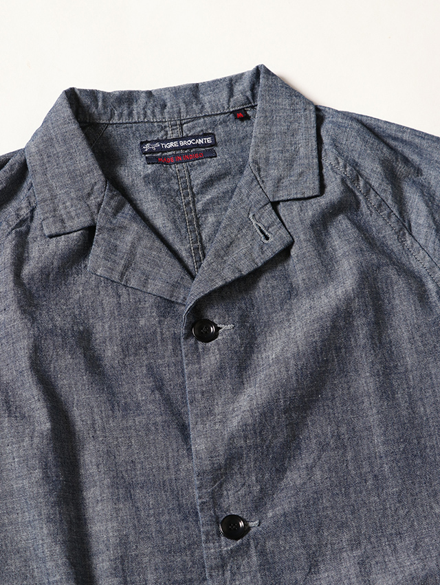 インディゴシャンブレーラグランテーラード半袖シャツ/Mens S