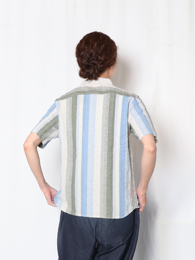 【お値引】TIGRE BROCANTE ストライプシャツ（水色と青のストライプ） マルチストライプバンドカラーシャツ TIGRE BROCANTE