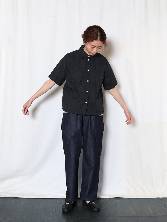 【最終価格】ENFOLD サークルシャーリングシャツ　ブラック ナイロンサッカースクエアオープンシャツ TIGRE BROCANTE