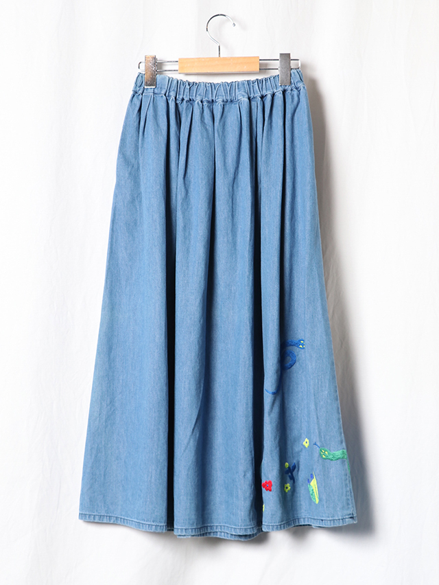 snake刺繍6オンスデニムマキシギャザースカート TIGRE BROCANTE