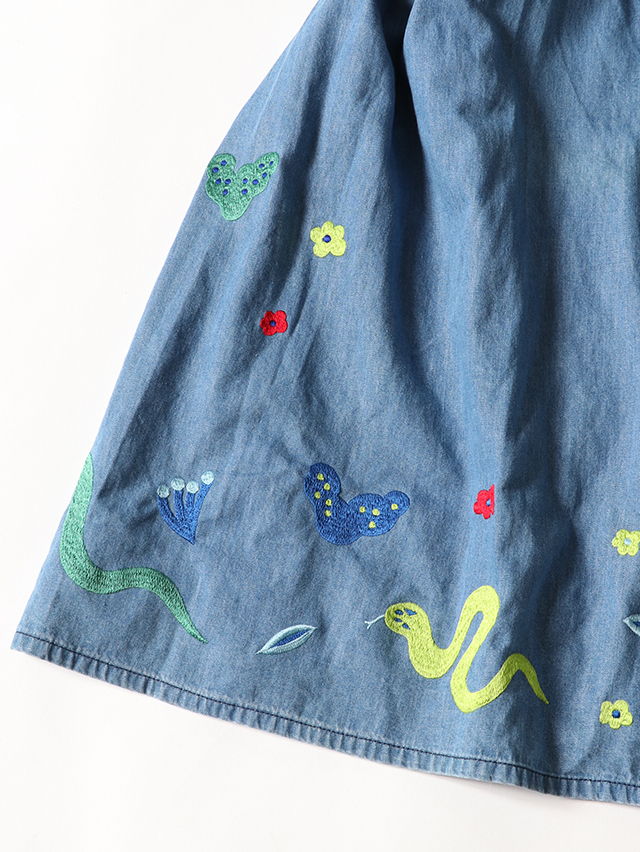 snake刺繍6オンスデニムマキシギャザースカート TIGRE BROCANTE