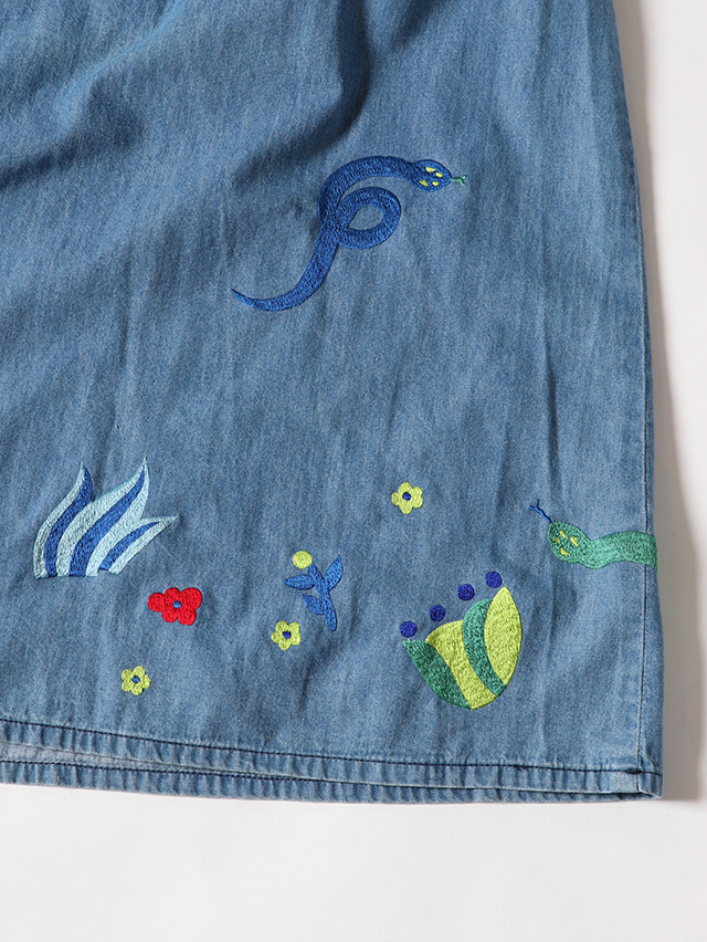 snake刺繍6オンスデニムマキシギャザースカート TIGRE BROCANTE