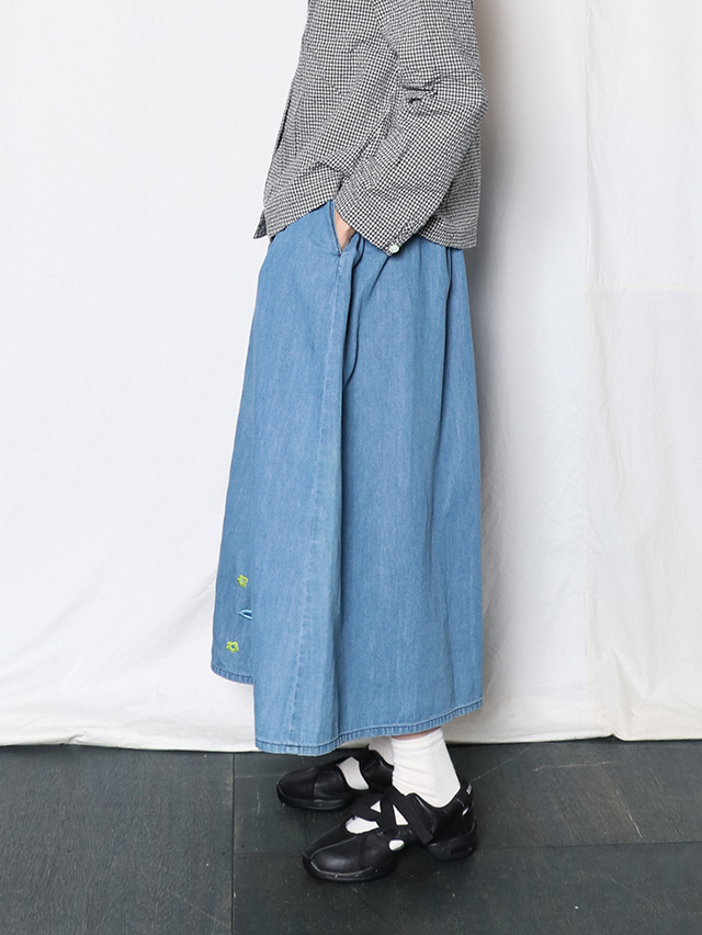 snake刺繍6オンスデニムマキシギャザースカート TIGRE BROCANTE
