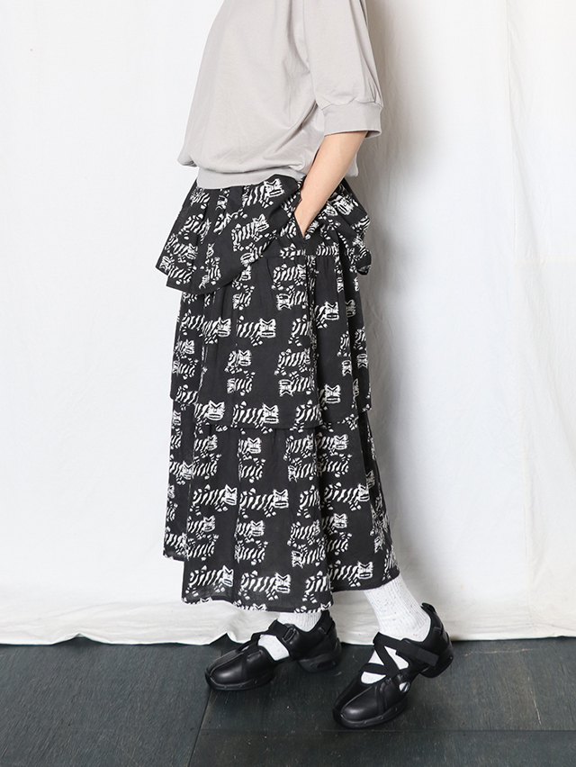 TIGRE BROCANTE ロングスカート 総柄 TIGREブロックプリントティアードスカート TIGRE BROCANTE