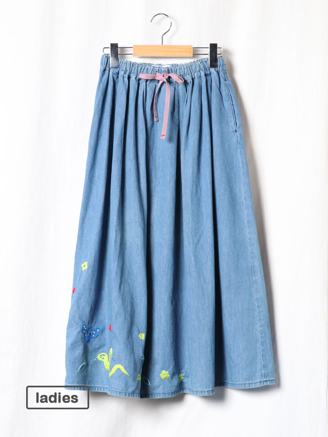 snake刺繍6オンスデニムマキシギャザースカート TIGRE BROCANTE