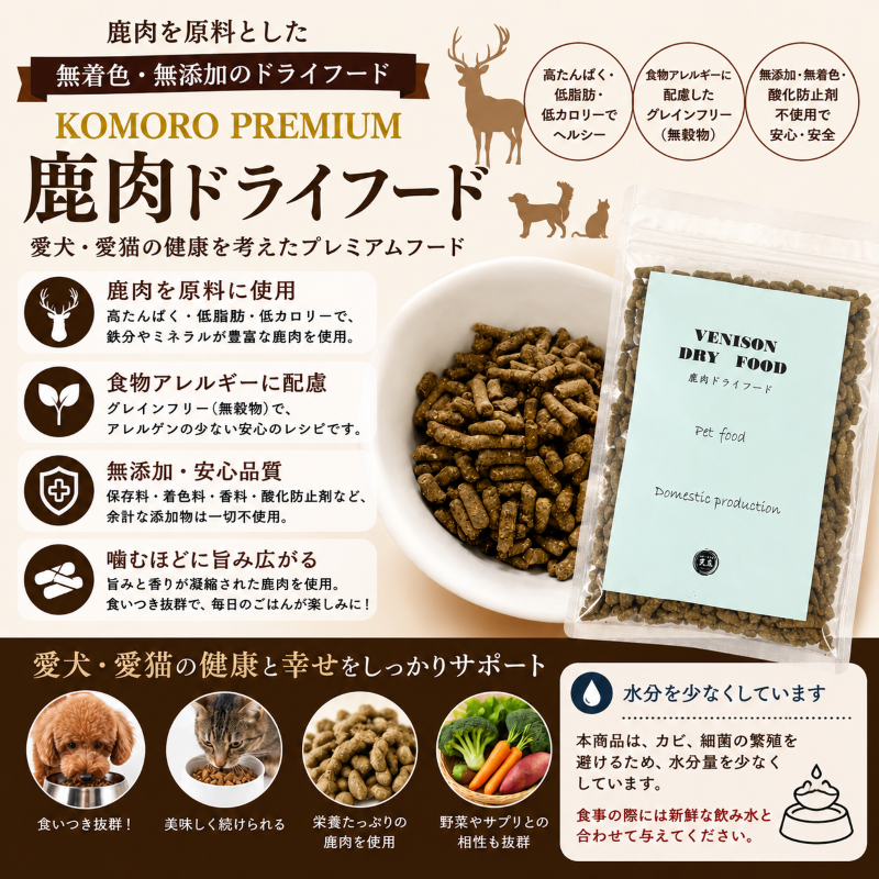 鹿肉ドライフード200ｇ　国産　犬　猫　無添加　KOMORO PREMIUM 【ネコポス対応】※2パックまでネコポス対応　