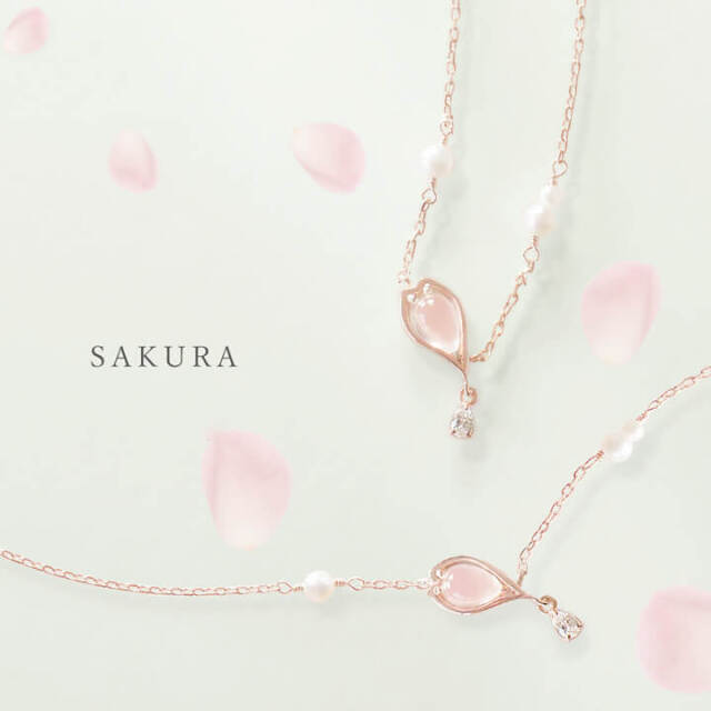 Cherry Blossoms 揺れる雫 桜の花びらネックレス Mip ローズクォーツ 天然パール