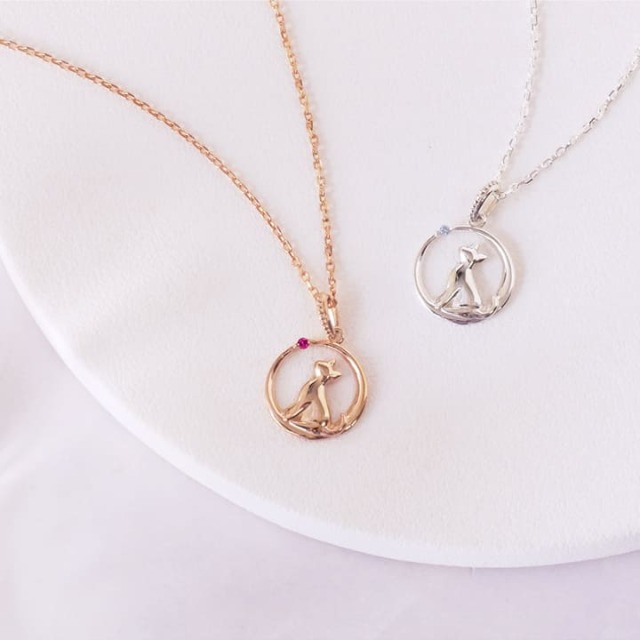 ◇選べる誕生石◇Starlit Crescent Cat Necklace 三日月＆猫