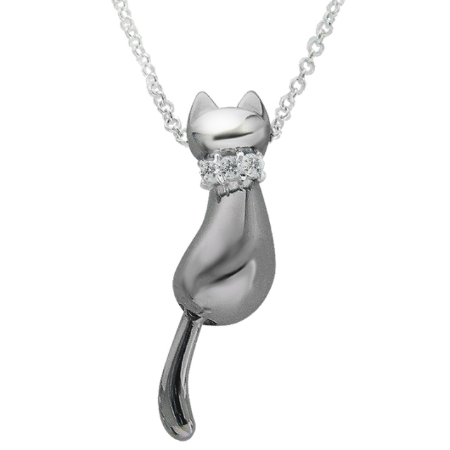 しっぽ揺れるクロネコ ブラックロジウムシルバーネックレス Angel