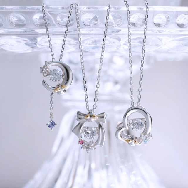 ハートモチーフダンシングストーンシルバーネックレス｜天使の卵 輝く