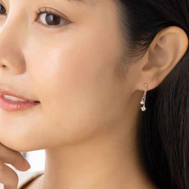 揺れるK10ピンクゴールドチェーンパールピアス｜天使の卵 輝く天使の羽