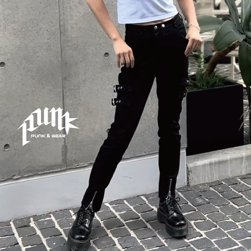 パンツ レディース ストレッチパンツ スキニー パンツ ベルト ジップ y2k サブカル 黒 無地 かっこいい パンク ロック スタイル ファッション タイト  韓国 アイドル 衣装 S M 小さめ ジュニア 衣装 白 黒 ダンス 衣装 KPOP アイドル 衣装 PUNK&GEAR
